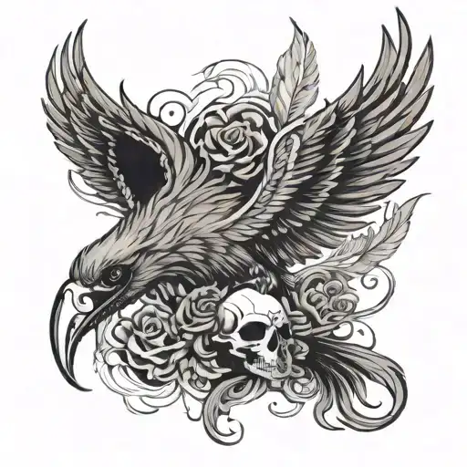 smoky phoenix with a bird skull head tattoo design idea