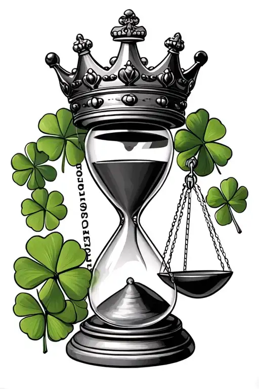 hour glass chess king crown and 4 leaf clover surrounding on the bottom put a balance  scale  tattoo design idea
