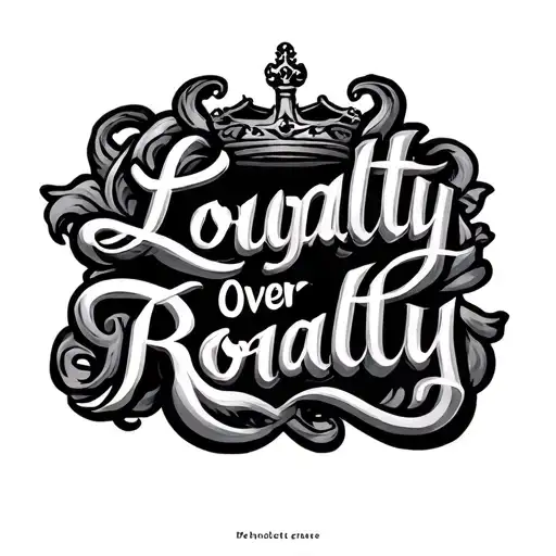 Loyalty Over Royalty in scripty, old cursive, very dramatic, lots of swirls tattoo design idea