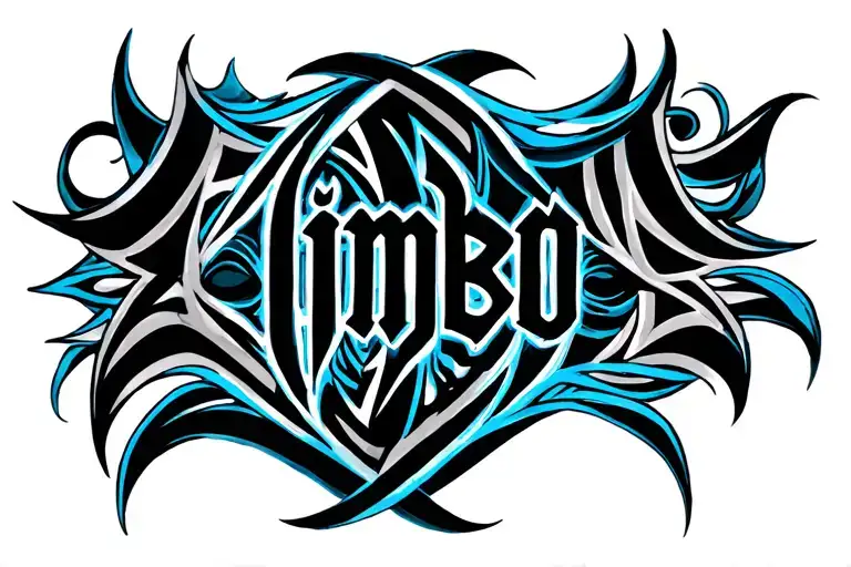 sophisticated neo-tribal tattoo consisting of black and blue lines and black gothic font inscription limbo on a woman's chest tattoo design idea