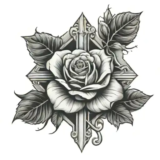 cross and rose surrounded tattoo design idea