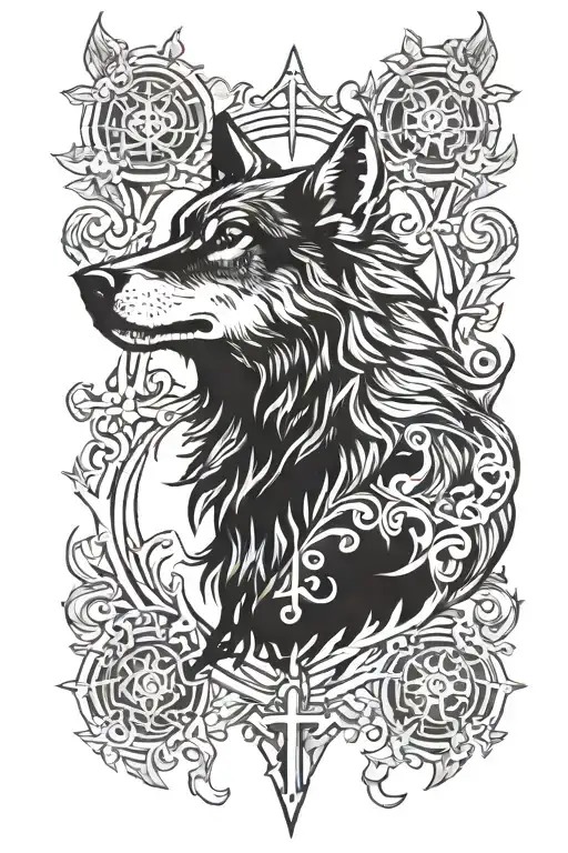 wolf with cross tattoo design idea