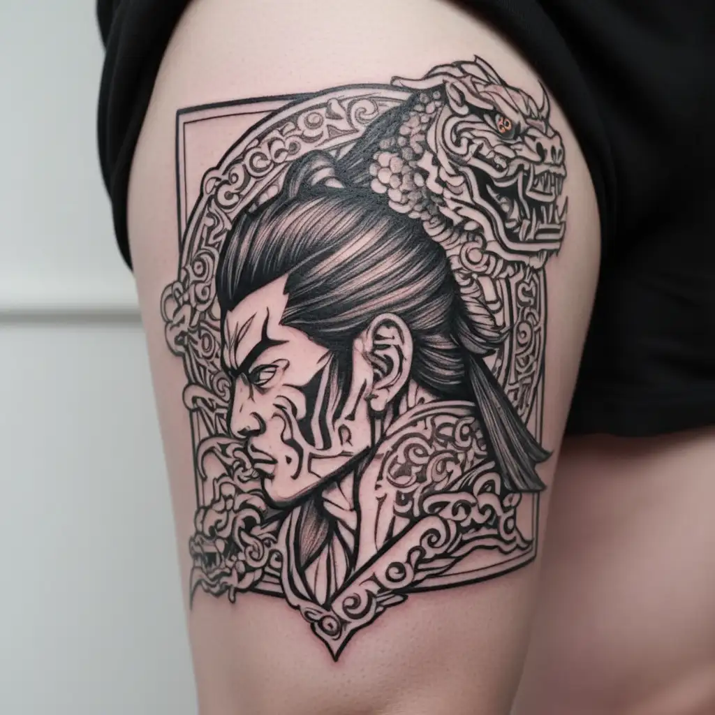 Create a tattoo of a yakuza warrior in a traditional Japanese setting, with intricate details and shading tattoo design idea