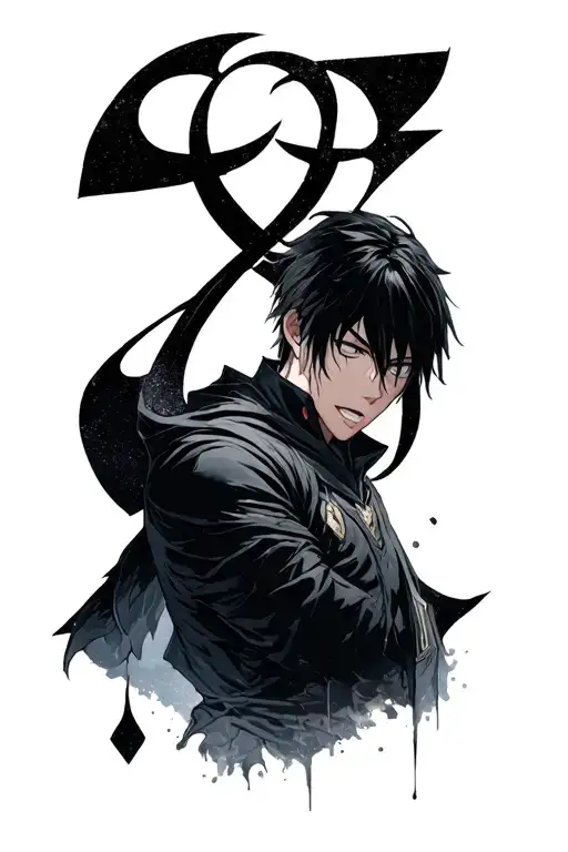 roy mustang from fullmetal alchemist brotherhood cry scene with alchemist symbol intertwined tattoo design idea