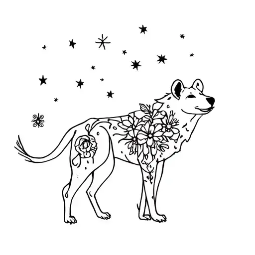 hyena with flowers and stars tattoo design idea