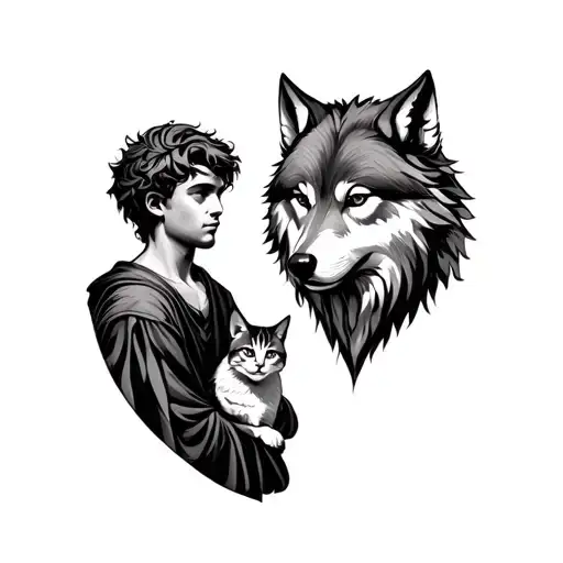 Boy with cat, wolf with forest, God Prometheus tattoo design idea
