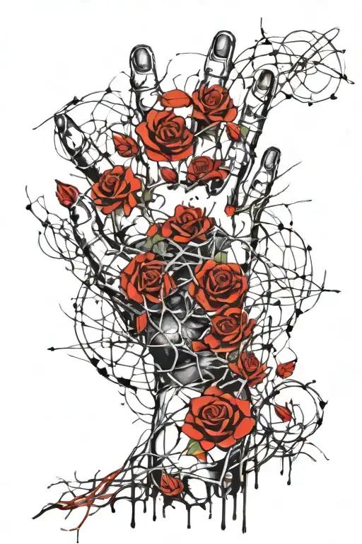 hand reaching towards the sky to a trippy scenery through roses with barbed wire and flames  tattoo design idea