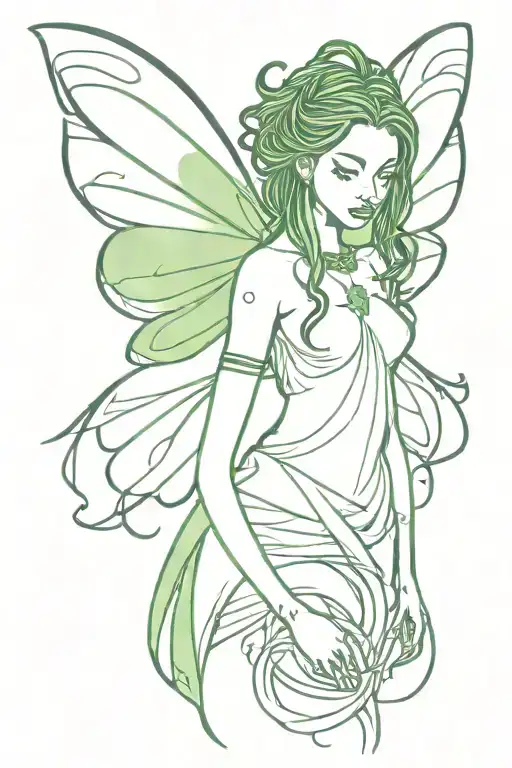 black fairy with dreadlocks and green wings tattoo design idea