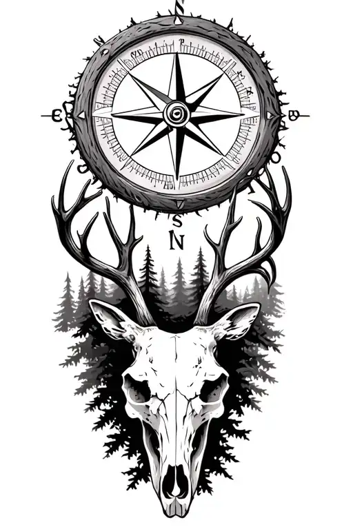 detailed compass rose surrounded by deer skull and forest tattoo design idea