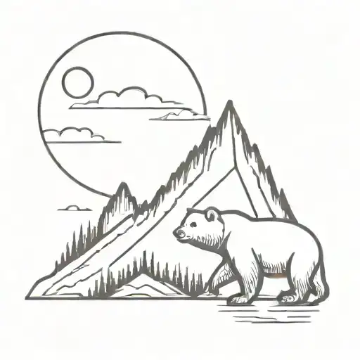 Bear in front of a mountain with sun tattoo design idea