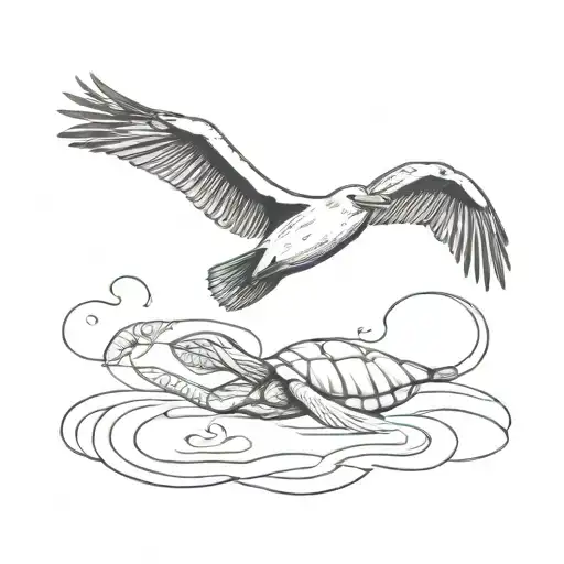 pelican flying and turtle swimming tattoo design idea