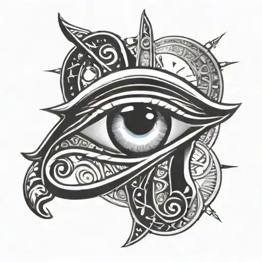 eye of horus surrounded by moon and ankh symbol intertwined tattoo design idea