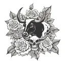 A country landscape with a cow skull and roses intertwined, symbolizing the beauty and ruggedness of the western lifestyle tattoo design idea