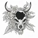 A country landscape with a cow skull and roses intertwined, symbolizing the beauty and ruggedness of the western lifestyle tattoo design idea