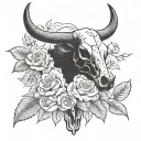 A country landscape with a cow skull and roses intertwined, symbolizing the beauty and ruggedness of the western lifestyle tattoo design idea