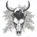 A country landscape with a cow skull and roses intertwined, symbolizing the beauty and ruggedness of the western lifestyle tattoo design idea