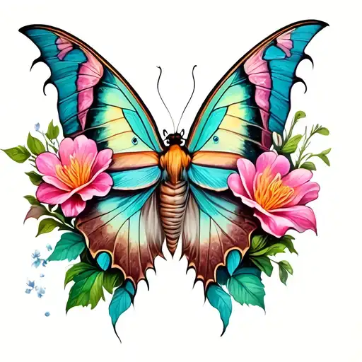 half luna moth flowers intertwined tattoo design idea