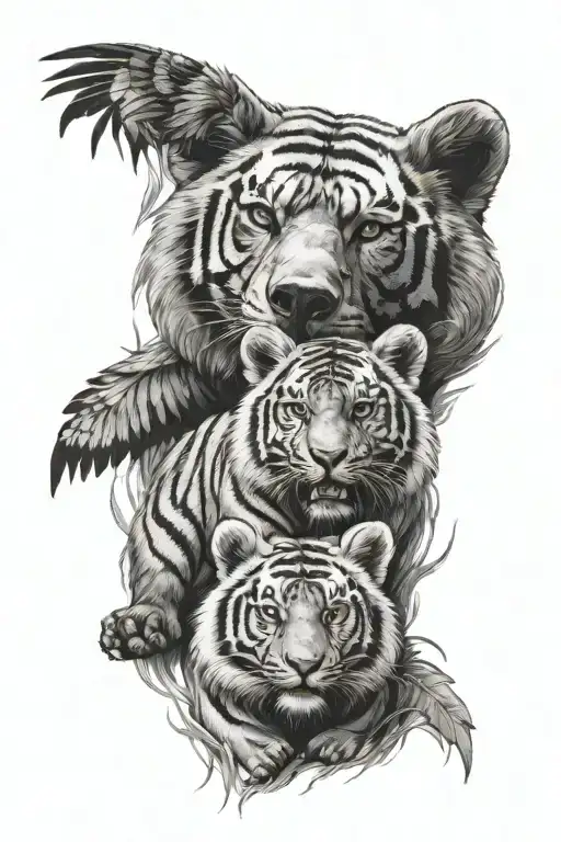 bear cub tiger cub crow tattoo design idea