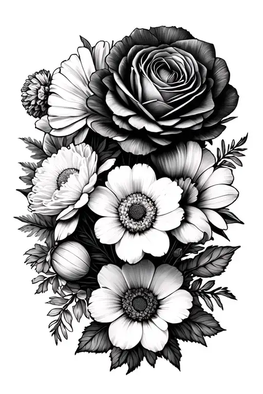 flower bouquet made up of 2 carnations, 2 daffodils, 1 rose, 2 poppy's, 1 Aster, and 1 chrysanthemum. tattoo design idea