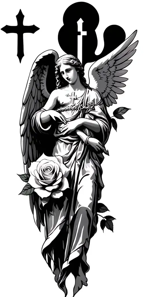 Bogorodica Ikona with Roses, an orthodox christian cross, an guardian angel and a Brojanice tattoo design idea
