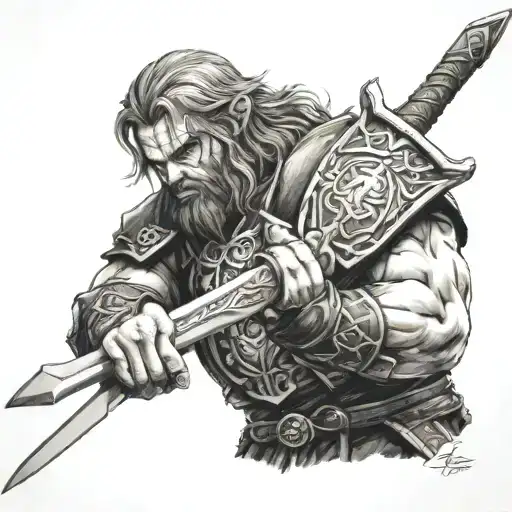Norse God Tyr holding the Ashbringer sword from world of warcraft, include the name Tyrion and the date 27/04/24 tattoo design idea