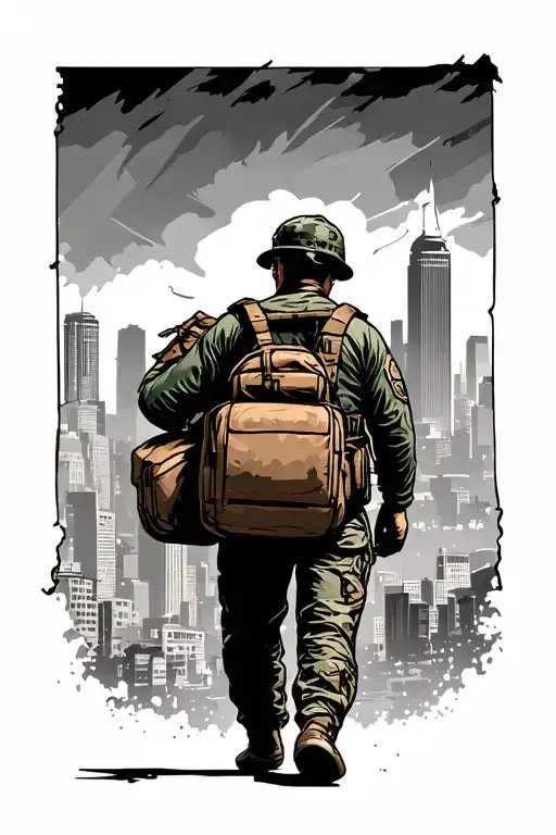  solider leaving home with bags packed behind the columbus ohio skyline tattoo design idea