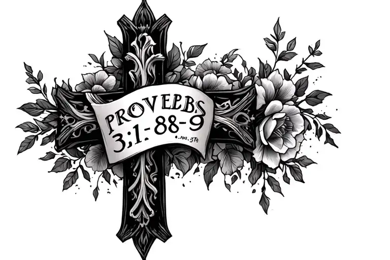 "Proverbs 31:8-9" verse on a cross tattoo design idea