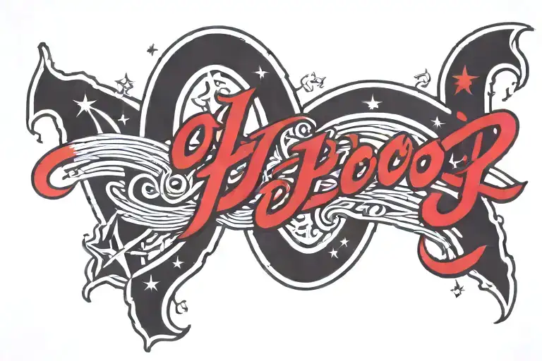 "Aho blood" in red script, trailing off. include 3 nautical stars in black and red underneath the words  tattoo design idea