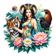 sexy aries goddess surrounded by lotus and peony flowers growing with a hawk and a tiger with mars and galaxy landscape  tattoo design idea