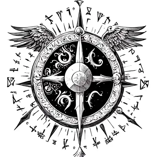 Bousson with cardinal points in Greek Scriptures with fine lines in black and white tattoo design idea