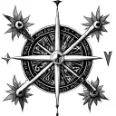 Bousson with cardinal points in Greek Scriptures with fine lines in black and white tattoo design idea