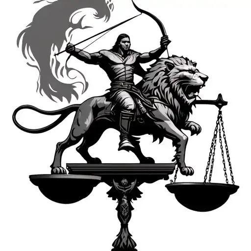 A serious archer riding a fierce lion with the justice weighing scale as background tattoo design idea