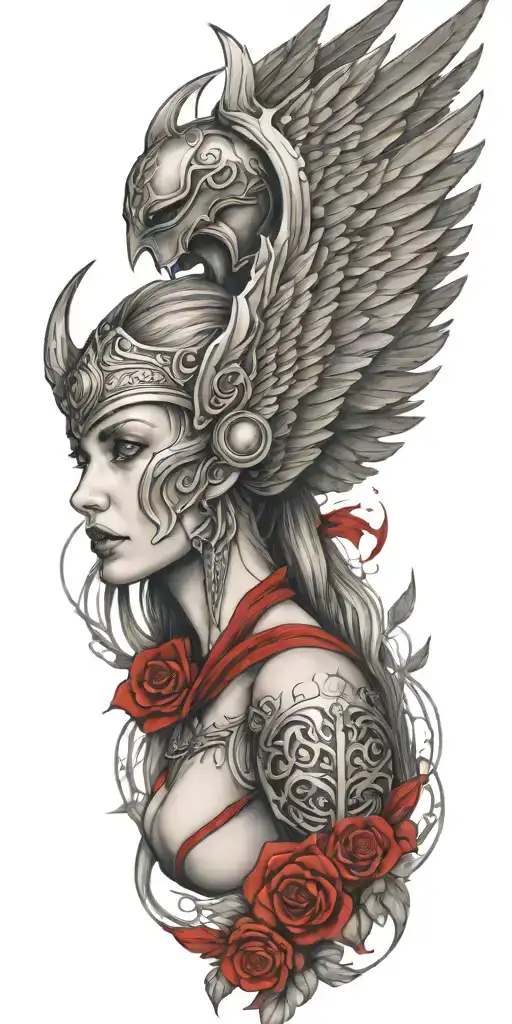 Craft a tattoo design of a Valkyrie with blood red wings, embodying the client's passion for both Viking mythology and vampire aesthetics tattoo design idea