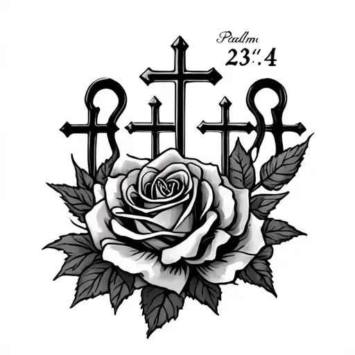psalm 23:4 with roses and 3 crosses in back ground tattoo design idea
