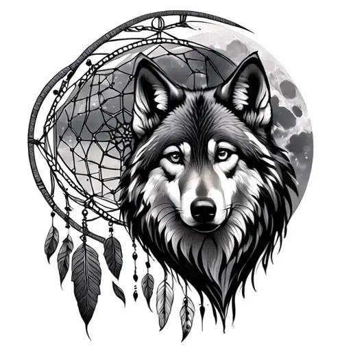 wolf with dreamcatcher behind it with full moon tattoo design idea
