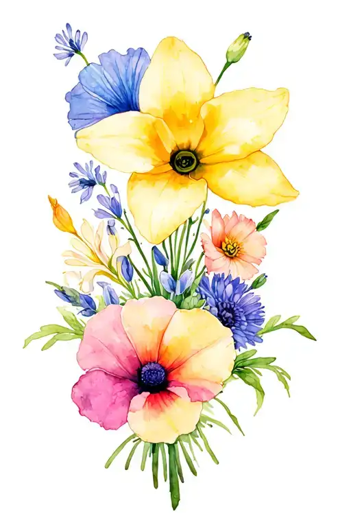 jonquil, daffodil, poppy, gladiolus, morning glory, and aster bouquet tattoo design idea