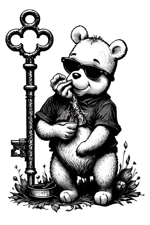Black and white tattoo with shades, depicting Winnie the Pooh reinterpreted in a gothic key while eating from a tattoo design idea