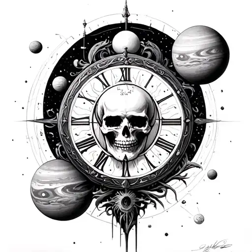 Veghvezir Skull Clock also Vinci Cosmos with planets tattoo design idea