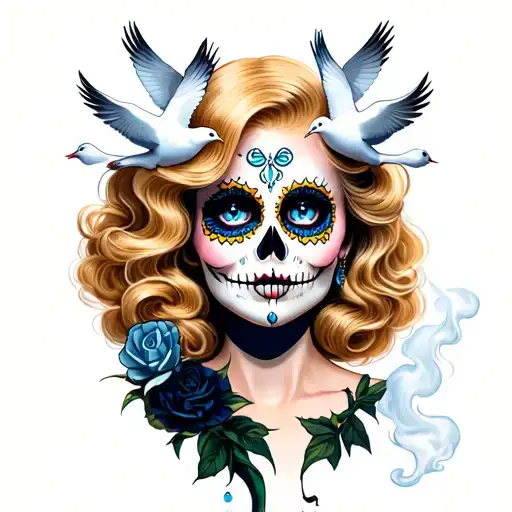 day of the dead blonde woman - blue eyes with a single tear, three doves, a 50s devil smoking and grinning  tattoo design idea