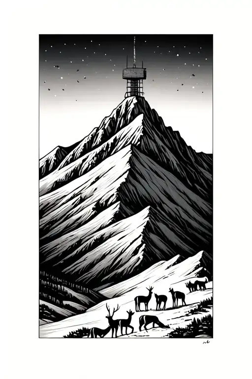 mountain with a small radio tower on top of the mountain and a group of gazelles closing the bottom of the mountain line tattoo design idea