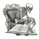 skeleton reading a book open in front tattoo design idea