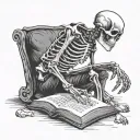 skeleton reading a book open in front tattoo design idea