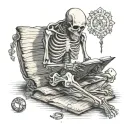 skeleton reading a book open in front tattoo design idea