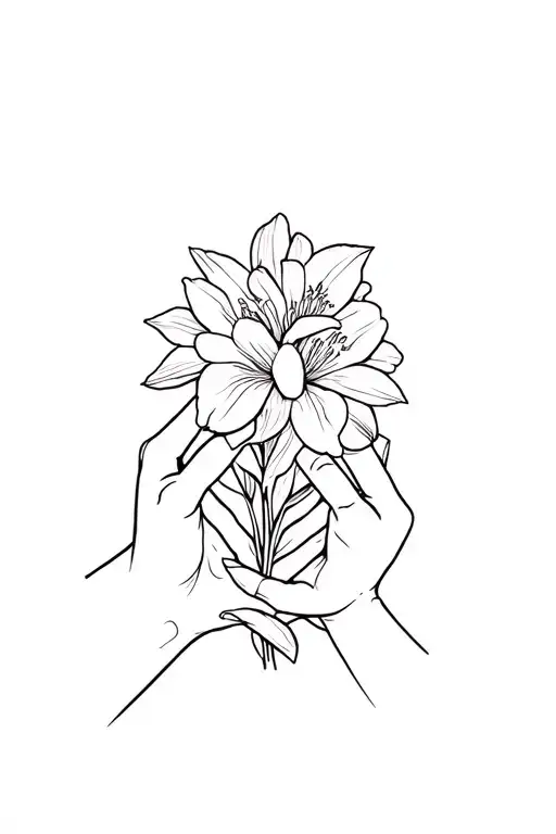Freesia flower is held by hodling hands holding and there is unconditional love symbol on one of the hands tattoo design idea