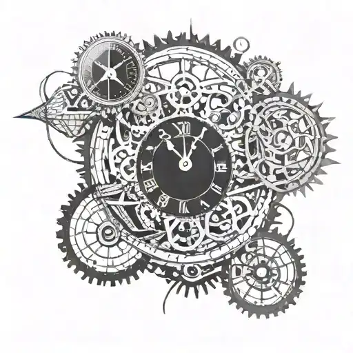 A clock face with intricate gears and hands made of fishing hooks, surrounded by a border of hiking trail markers tattoo design idea