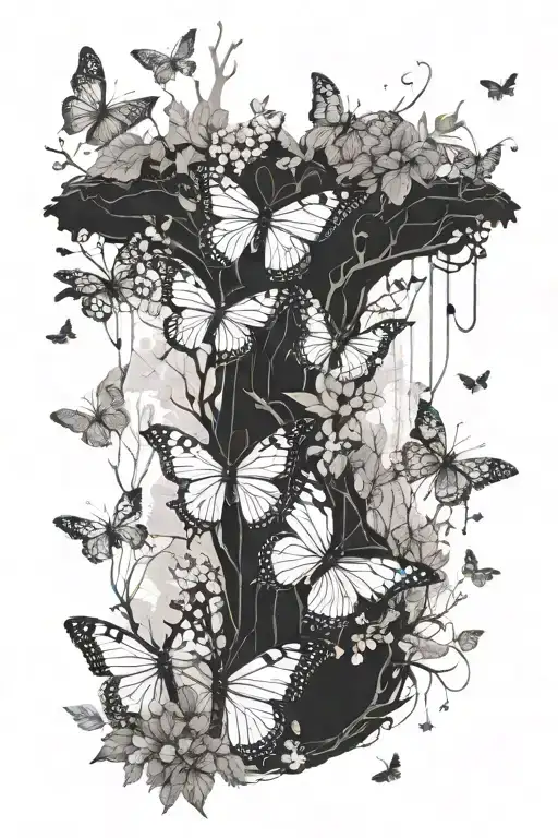 A serene forest scene with butterflies fluttering around, incorporating elements of calisthenics like pull-up bars or rings tattoo design idea