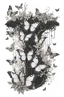A serene forest scene with butterflies fluttering around, incorporating elements of calisthenics like pull-up bars or rings tattoo design idea