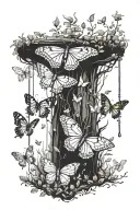 A serene forest scene with butterflies fluttering around, incorporating elements of calisthenics like pull-up bars or rings tattoo design idea