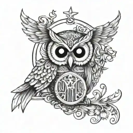 an owl, lyre, and Caduceus tattoo design idea