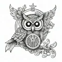 an owl, lyre, and Caduceus tattoo design idea